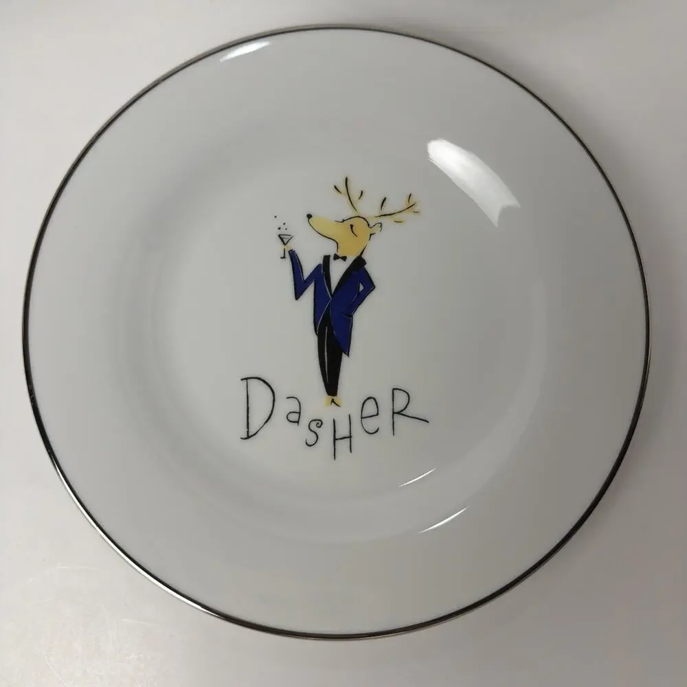 Pottery Barn Reindeer Set of 4 Salad Dessert Plates Vixen Dasher Dancer Prancer